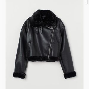 H&M Faux Fur-detail Biker Jacket - Black